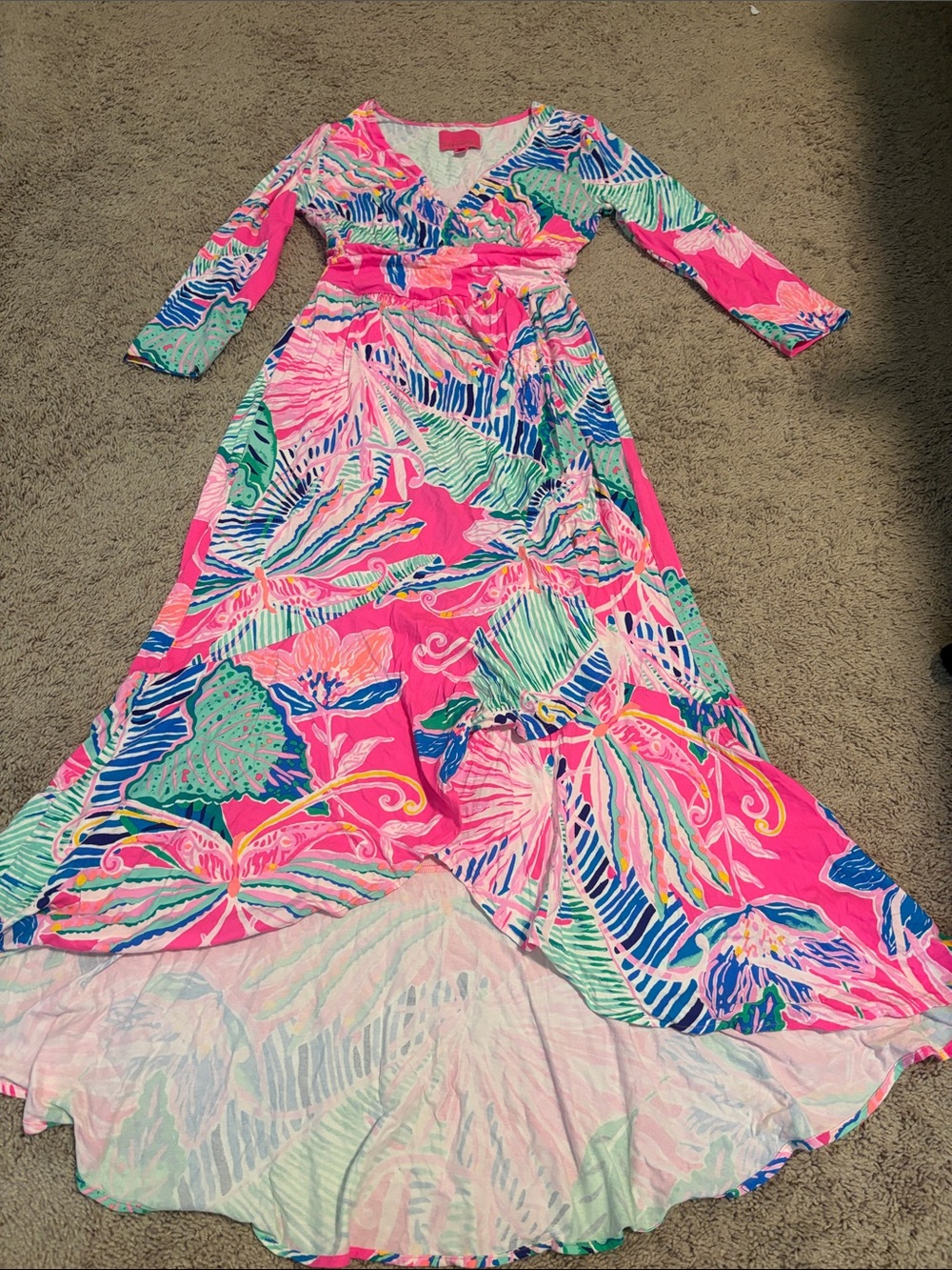 Lilly Pulitzer Hot Pink Tropical Wrap Maxi Dress with Green & Blue Accents